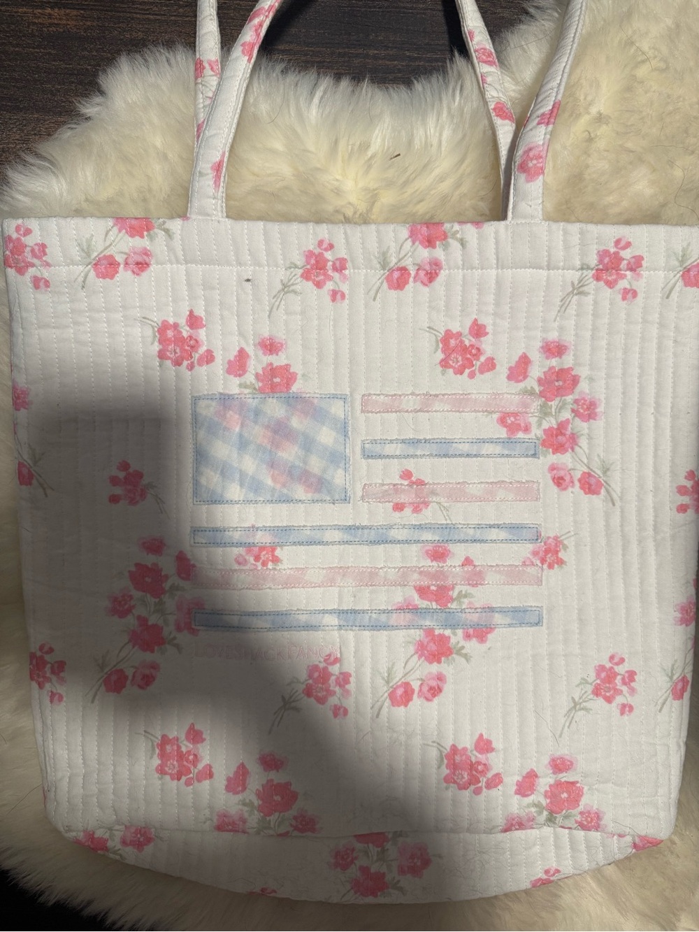 Floral Pink Quilted Tote Bag with Flag Motif